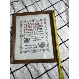 Vintage 11" Embroidered Cross Stitch Alphabet & Number Sampler – Wood Frame Poem